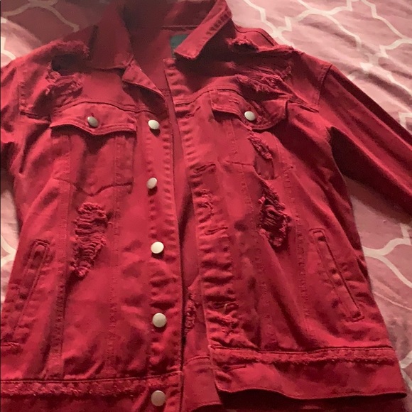 Woman Red distressed Denim jacket - Picture 1 of 2